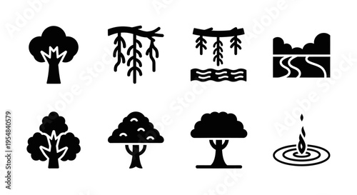 Nature Icons: Trees, River, Water Droplet, Landscape Vector Set