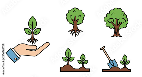 Collection of Icons Depicting Plant Growth and Gardening Activities.