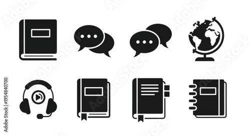 Education and Communication Icons: Books, Globe, Chat Bubbles, Headphones