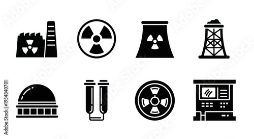 Nuclear Power Plant Icons: Cooling Tower, Reactor, Factory, Control Panel