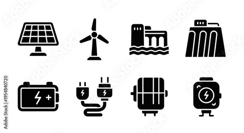 Renewable energy icons: solar panel, wind turbine, dam, power plant, battery, plug, radiator, smartwatch