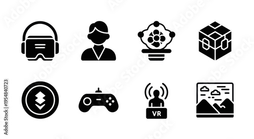 Virtual Reality Icons Set: VR headset, avatar, game controller, cube, landscape
