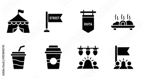 Festival Icons: Tent, Street Sign, Banner, Food, Drink, Lights, People