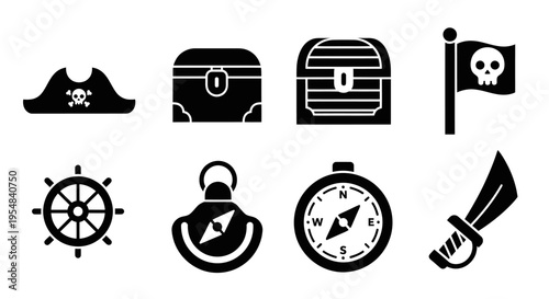 Pirate Icons: Hat, Chest, Flag, Wheel, Compass, Saber - Black & White Vector Set