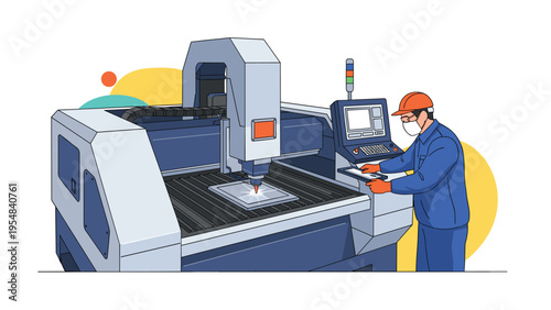 Industrial technician wearing safety gear and a face mask while operating a precision laser cutting machine in a factory.