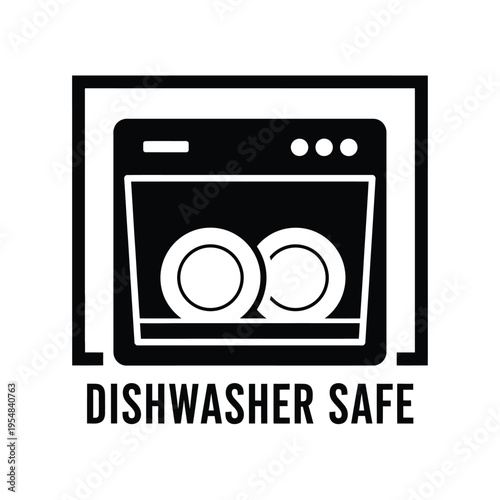 A black and white graphic depicts a dishwasher with plates inside accompanied by the text dishwasher safe high quality