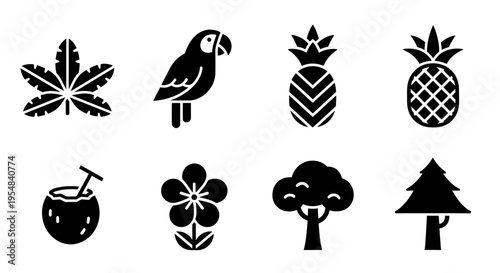 Tropical Icons: Parrot, Pineapple, Coconut, Tree, Flower, Leaf, Pine