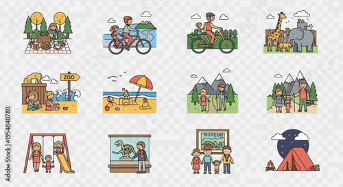 Cartoon illustrations of diverse outdoor leisure travel and family activities.
