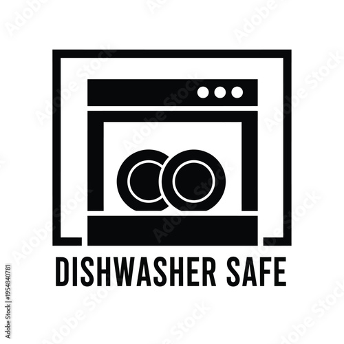 A black and white graphic depiction of a dishwasher with two plates inside labeled dishwasher safe