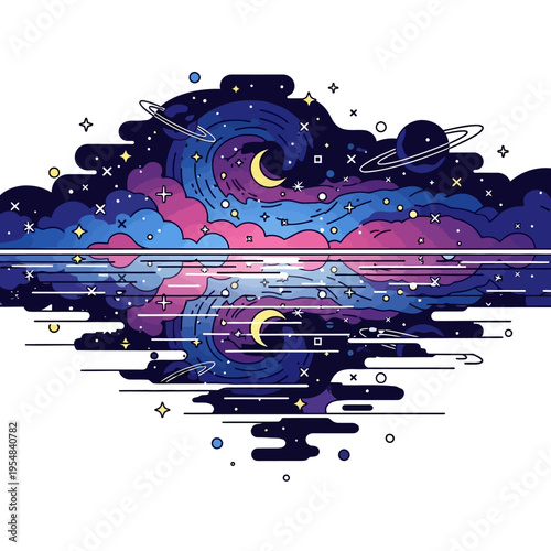 Cosmic Reflection: Abstract Galaxy Meets Water Surface with Moon and Stars