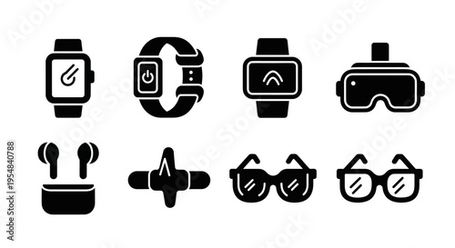 Modern Gadget Icons: Smartwatch, VR Headset, Earbuds, Glasses, Fitness Tracker