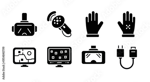 Virtual Reality Gaming Icons Set: VR Headset, Microphone, Gloves, Controller, Monitor