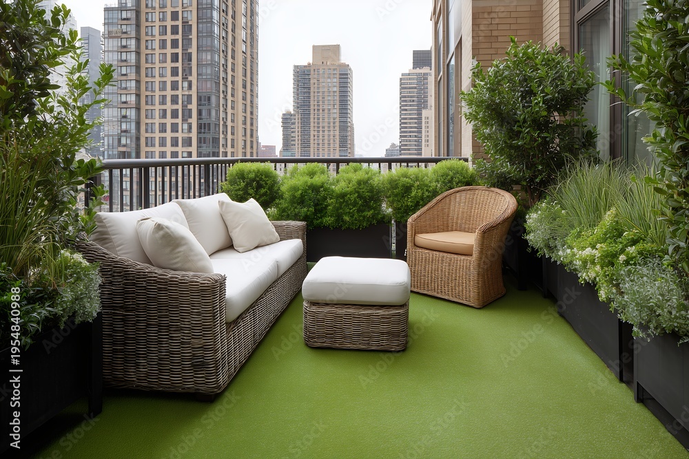 Fototapeta premium Modern rooftop balcony terrace with wicker sofa and rattan furniture surrounded by lush green plants in city skyline, concept for luxury real estate, urban lifestyle and outdoor interior design