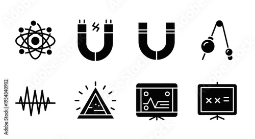 Science Icons: Atom, Magnet, Pendulum, Waveform, Energy, Chart, Equation