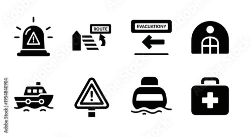Emergency Evacuation Icons: Ship, First Aid, Alert, Route, Building