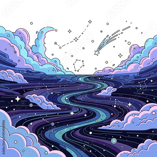 Cosmic River Flowing Through Starry Clouds and Constellations