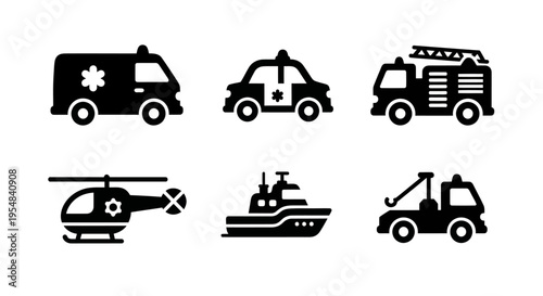 Emergency Vehicle Icons: Ambulance, Police Car, Fire Truck, Helicopter, Ship, Tow Truck