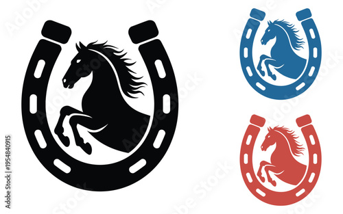 horse horseshoe silhouette illustration, powerful black rearing horse inside classic horseshoe, symbolizing luck, equestrian strength, freedom, western heritage,, wild west vector for posters and bran