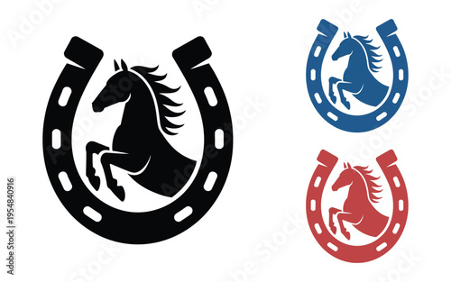 horse horseshoe silhouette illustration, powerful black rearing horse inside classic horseshoe, symbolizing luck, equestrian strength, freedom, western heritage,, wild west vector for posters and bran
