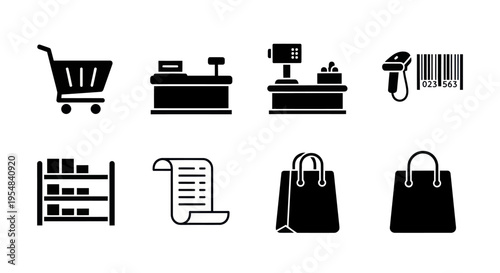 Shopping Icons Set: Cart, Cash Register, Scanner, Shelves, Receipt, Bags