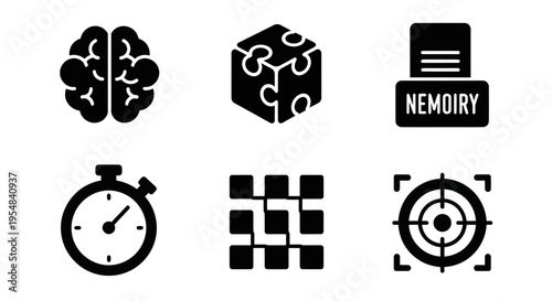 Brain, Puzzle, Stopwatch, Target, Chessboard, Memory Icons Set