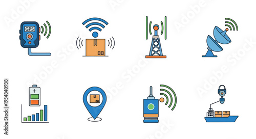 A colorful set of flat icons representing wireless technology communication and logistics tracking.