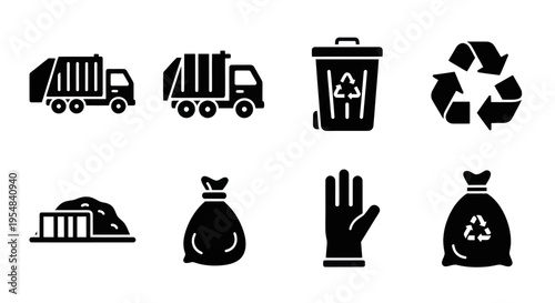 Garbage Collection Icons: Truck, Bin, Recycle Symbol, Bag, Glove, Landfill
