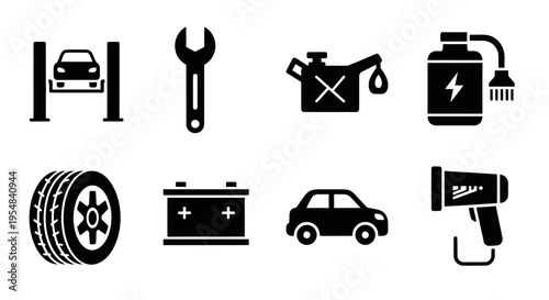 Car Repair Icons: Service, Tools, Parts, Battery, Tire, Car Wash, Oil