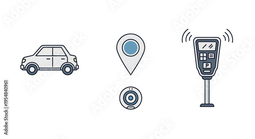 Illustrated Car Location Pin and Parking Meter Icons.