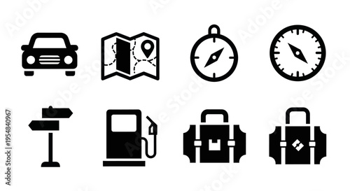 Travel and Navigation Icons: Car, Map, Compass, Luggage, Gas Station, Signpost