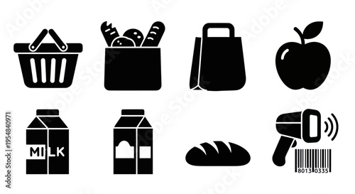 Grocery Shopping Icons: Basket, Bag, Apple, Milk, Bread, Scanner