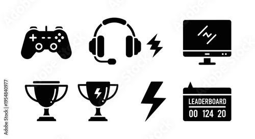 Video Game Icons: Controller, Headphones, Monitor, Trophies, Leaderboard, Lightning