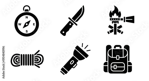 Camping and Survival Gear Icons: Compass, Knife, Fire Starter, Rope, Flashlight, Backpack