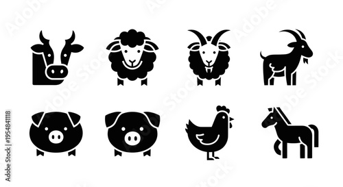 Farm Animals Icons Silhouette Set: Cow, Sheep, Goat, Pig, Chicken, Horse