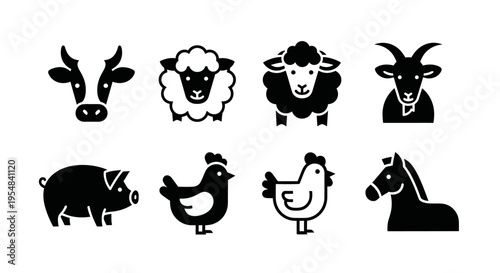 Farm Animal Icons Set: Cow, Sheep, Goat, Pig, Chicken, Horse