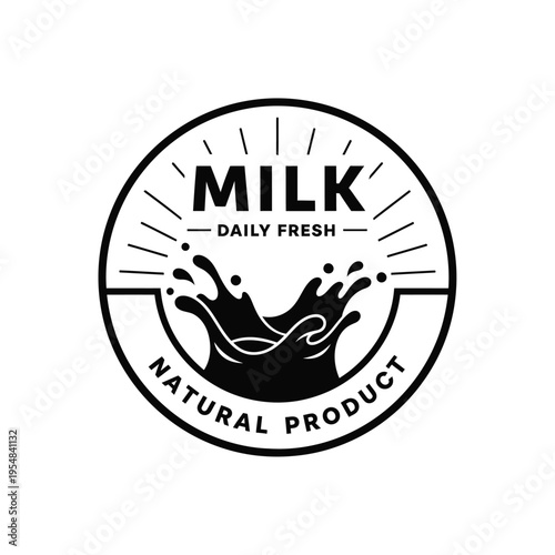 A black and white circular logo design showcases the word milk with splash elements and fresh labeling