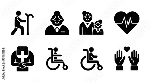 Elderly Care and Health Icons: Senior, Wheelchair, Medical, Heartbeat, Family