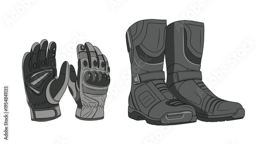 Professional motorcycle riding gear featuring a pair of protective armored gloves and sturdy black tall leather boots for safety.