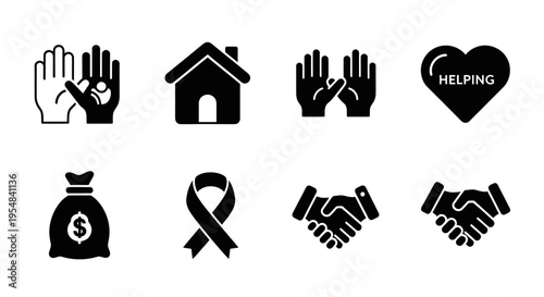 Charity and Support Icons: Hands, House, Heart, Money Bag, Ribbon, Handshake