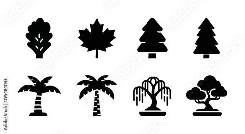 Set of diverse tree icons, silhouette collection: deciduous, coniferous, palm, bonsai, weeping willow