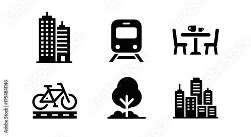 Urban City Icons: Buildings, Train, Cafe, Bicycle, Park, Skyline
