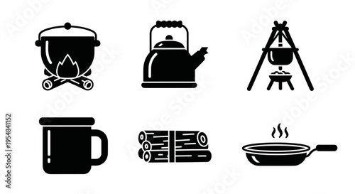Camping cooking icons set: pot on fire, kettle, mug, firewood, frying pan