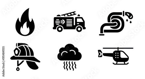 Firefighting Icons: Flame, Truck, Hose, Helmet, Rain Cloud, Helicopter