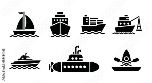 Vector Icons: Diverse Watercraft Collection - Sailboat, Cargo Ship, Yacht, Submarine, Kayak