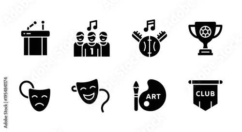 Set of 8 black vector icons representing diverse hobbies and activities