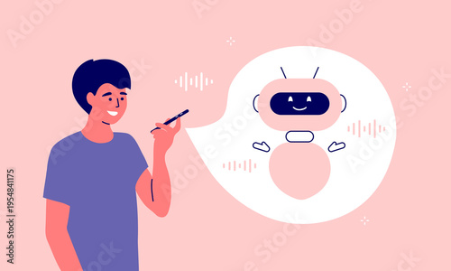 Artificial intelligence voice virtual assistant help. Smart call centre, support service. Man holding smartphone in hand talking android robot. Ai chatbot vector illustration. Answering machine bot