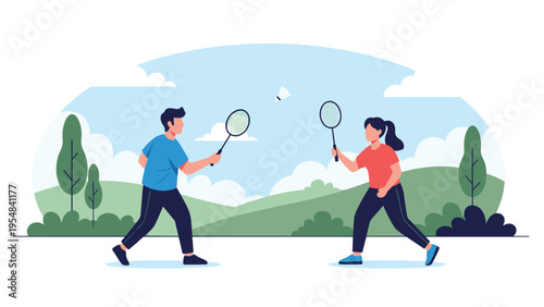 Man and woman playing a friendly game of badminton in a lush green park with mountains and trees in the background.