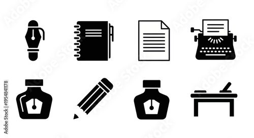Writing and Office Icons Set: Pen, Typewriter, Notebook, Desk, Ink, Pencil