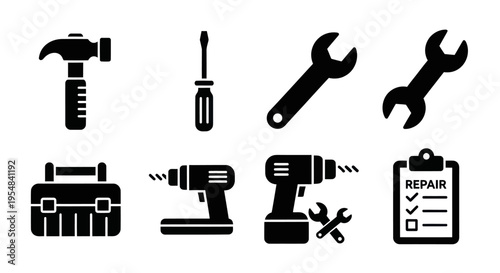 Set of Black Icons for Tools and Repair Services: Hammer, Screwdriver, Wrenches, Drill, Toolbox, Checklist