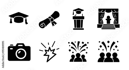 Graduation Celebration Icons: Cap, Diploma, Podium, Stage, Camera, Confetti